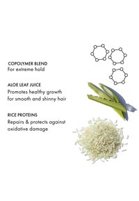 Prodotto per la cura dei capelli che presenta un blend di copolimeri, succo di foglie di aloe e proteine del riso; include foglie verdi di aloe e un mucchio di riso bianco.