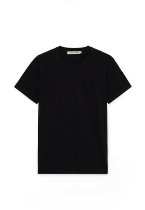 Schwarzes T-Shirt mit kurzen Ärmeln und Rundhalsausschnitt, mit einem kleinen, auf der linken Brust bestickten Logo und einem TRUSSARDI-Etikett im Inneren des Halsausschnitts.