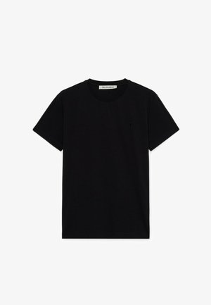 Zwarte T-shirt met korte mouwen en ronde hals, met een klein geborduurd logo op de linkerborst en een TRUSSARDI-label aan de binnenkant van de halslijn.