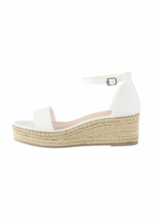 Biele wedges sandále s textúrovaným kroko vzorom, otvorenou špičkou, nastaviteľným remienkom na členku a tkanou juty platformou.