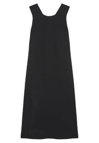 Černé bezramínkové šaty s čtvercovým výstřihem, rovnou siluetou a hladkou texturou. Žádné viditelné vzory nebo akcenty.