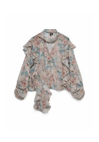 Blusa trasparente a maniche lunghe con stampa floreale pastello, parte anteriore e maniche arricciate, chiusura con bottoni e dettaglio di sciarpa attaccato al collo.