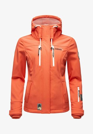 Orange Softshell-Jacke mit hohem Kragen, verstellbarer Kapuze, Reißverschlusstaschen und elastischen Bündchen für einen sicheren Sitz.