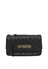 Borsa a tracolla nera trapuntata con il logo dorato "LOVE MOSCHINO" sul davanti. Presenta una tracolla removibile e una chiusura a pattina. Texture in pelle liscia.