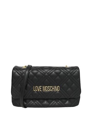 Borsa a tracolla nera trapuntata con il logo dorato "LOVE MOSCHINO" sul davanti. Presenta una tracolla removibile e una chiusura a pattina. Texture in pelle liscia.