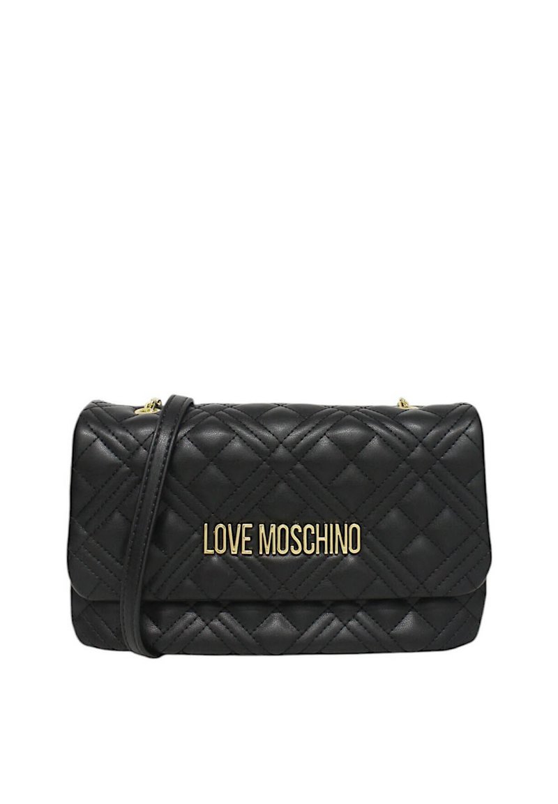 Borsa a tracolla nera trapuntata con il logo dorato "LOVE MOSCHINO" sul davanti. Presenta una tracolla removibile e una chiusura a pattina. Texture in pelle liscia.