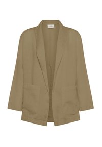 Beige lakanpuku, jossa on rento leikkaus, avoin etuosa ja kaksi etutaskua. Sisältää 3/4-pituiset hihat ja sileän pinnan.