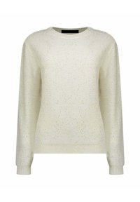 Maglione beige chiaro realizzato in morbido materiale lavorato a maglia. Presenta sottili pagliuzze scintillanti sparse ovunque. Girocollo classico e maniche lunghe.