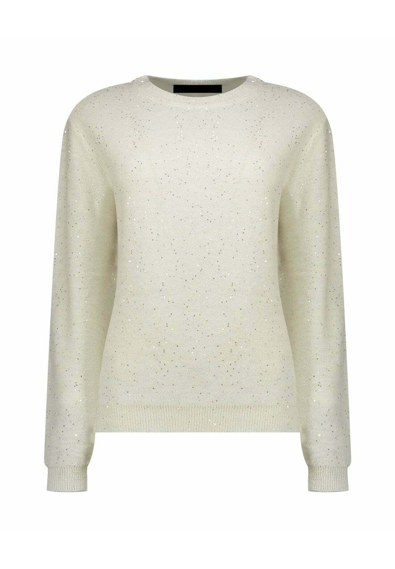 Maglione beige chiaro realizzato in morbido materiale lavorato a maglia. Presenta sottili pagliuzze scintillanti sparse ovunque. Girocollo classico e maniche lunghe.