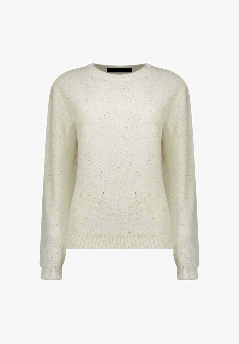 Maglione beige chiaro realizzato in morbido materiale lavorato a maglia. Presenta sottili pagliuzze scintillanti sparse ovunque. Girocollo classico e maniche lunghe.