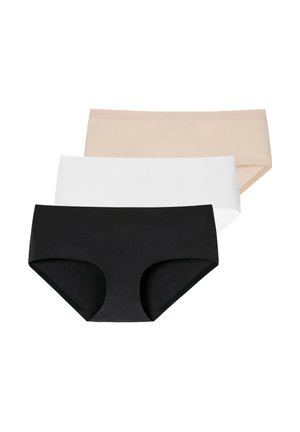 Drie naadloze dameshipsteronderbroeken in zwart, wit en beige, gestapeld op een witte achtergrond.