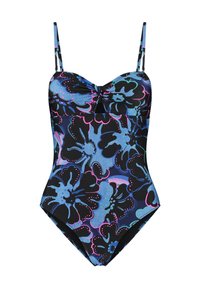 Enosam del z swimsuit s tanki naramnicami, okrašen s cvetličnim vzorcem v modri, črni in roza barvi. Material se zdi gladek in ima prilegajočo se obliko.