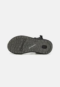 Black outdoor sandal sole with textured tread pattern, featuring Columbia branding and a flexible rubber material for traction.