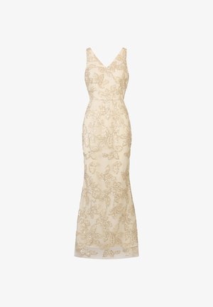 Suknia wieczorowa z koralikami o dopasowanej sylwetce. Posiada dekolt w kształcie litery V oraz misternie haftowane wzory kwiatowe w złotej nici na kremowym tle.