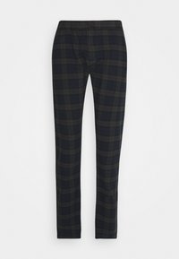 Pantaloni a scacchi in tonalità blu scuro e verde, caratterizzati da un tessuto morbido, una vita elastica e un taglio dritto classico.