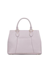 Borsa a tracolla di colore viola chiaro con design strutturato, superficie testurizzata, manici superiori doppi e sottili dettagli in metallo dorato.