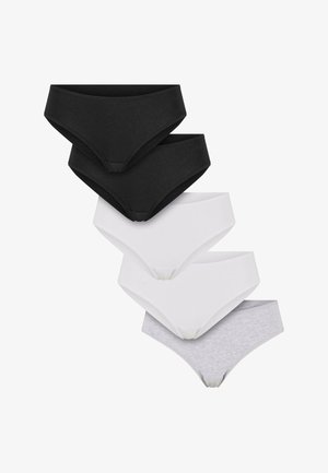 Vijf paar slipjes in zwart, wit en grijs. Katoenen materiaal met een gladde textuur en een gevormde snit. Basisontwerp, zonder patronen.