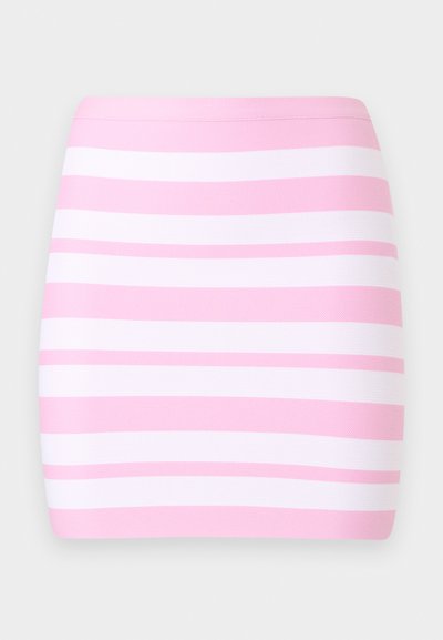 Μίνι φούστα με οριζόντιες ριγέ ροζ και λευκές, με εφαρμοστή, ευθεία φιγούρα και ομαλή υφή υφάσματος.
