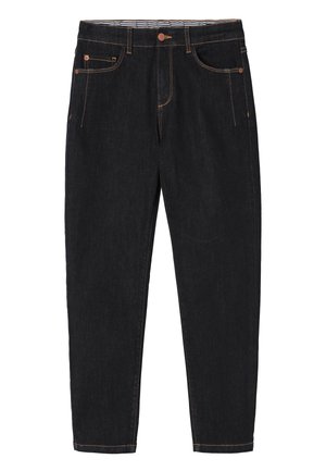 Donker denim jeans met een rechte pijp, voorzien van oranje stiksels, vijf zakken en een knoopsluiting. De tailleband is gevoerd met gestreept materiaal.