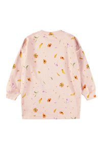 Hosszú ujjú felső, puha rózsaszín anyagból, narancssárga, lila és zöld díszítéssel készült virágmintával. Kerek nyakkivágás és laza szabás.