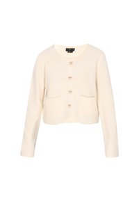 Cardigan corto di colore crema con un knit a trama, dotato di tre bottoni, due tasche frontali e fiocchi decorativi sopra i bottoni.