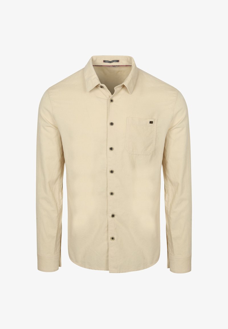 Beige blouse met lange mouwen van stof, met een knoopsluiting aan de voorkant, een zak op de borst en donkere knopen. Soepele textuur met een klassieke kraag.