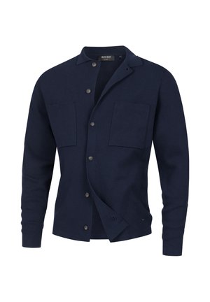 Marinblå stickad cardigan med krage, framknappar, två bröstfickor och ribbade ärmslut. Mjuk textur med en avslappnad passform.