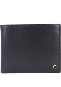 Black leather wallet with smooth texture, bi-fold design, and subtle gold logo accent at the bottom right corner.