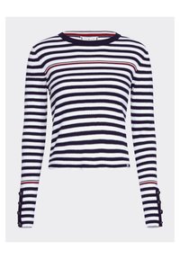 Modrobílý pruhovaný svetr s dlouhými rukávy a žebrovanou texturou, kulatým výstřihem a knoflíkovými ozdobami na manžetách rukávů.