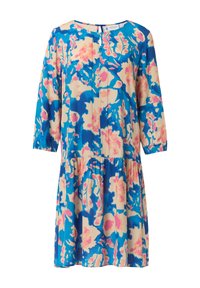 Blumenkleid mit einem Muster aus Blau, Pink und Beige. Lange Ärmel, runder Ausschnitt, Faltendetails und ein gestufter Rockdesign.