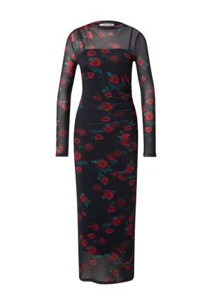 Lang geschnittenes, tailliertes Kleid aus transparentem Stoff mit schwarzem Grund und roten Rosen sowie grünen Blättern, langen Ärmeln und einem gerafften Seitendetail.