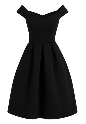 Vestido negro con escote off-the-shoulder, corse de corte ajustado y falda acampanada con pliegues. Confeccionado en una tela suave, presenta un escote en V y un diseño estructurado.