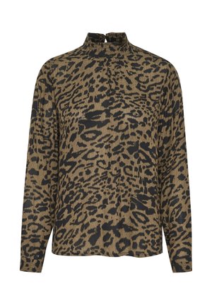 Leopardprint top met een hoge halslijn, lange mouwen en een ontspannen pasvorm. Het materiaal lijkt zacht met een gestructureerde afwerking in aardetinten.