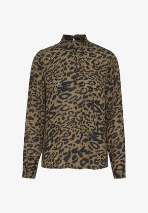 Leopardprint top met een hoge halslijn, lange mouwen en een ontspannen pasvorm. Het materiaal lijkt zacht met een gestructureerde afwerking in aardetinten.