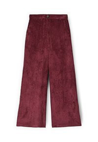 Pantalones de pierna ancha en un color burdeos intenso, hechos de un tejido texturizado. Cuentan con un cierre de botón y bolsillos laterales.