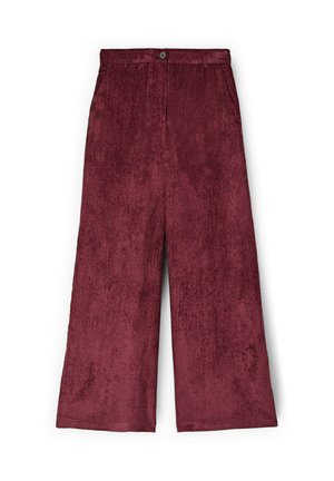 Pantaloni a gamba larga di un profondo colore bordeaux, realizzati in un tessuto testurizzato. Presentano una chiusura con bottone e tasche laterali.