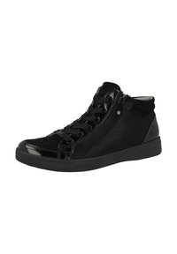 Baskets montantes noires avec un corps en tissu texturé, des accents en cuir verni brillant et un système de laçage. Fermeture éclair latérale pour un accès facile.