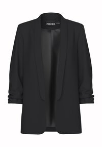 Černý blazer vyrobený z hladkého materiálu, s šálovým límcem, otevřeným předním dílem a manžetovými rukávy. Minimalistický design bez zapínání.