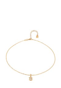 Pulsera de cadena de oro con un diseño fino y texturizado. Presenta un pequeño colgante que asemeja un gesto de la mano, adornado con un acento de piedra clara.