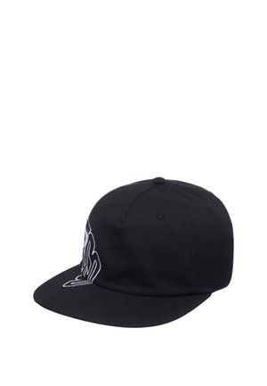 Casquette de baseball noire en coton avec une visière structurée. Présente un design brodé blanc sur le devant. Six œillets de ventilation.