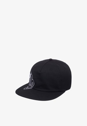 Casquette de baseball noire en coton avec une visière structurée. Présente un design brodé blanc sur le devant. Six œillets de ventilation.