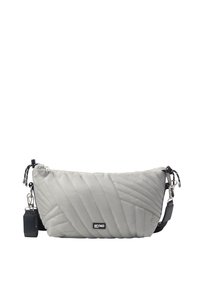 Borsa a spalla grigia trapuntata con cuciture diagonali, dettagli neri e una tracolla rimovibile. Presenta una toppa con logo e chiusure a zip.
