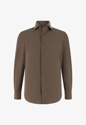 Ruskea, pitkähihainen napitettava paita, jossa on terävä kaulus ja pyöristetty helma, esitetty valkoisella taustalla.