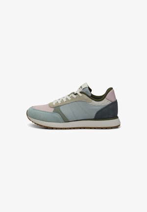 Sneaker featuring blue, green, pink, and gray leather panels, white laces, textured accents, and a rubber sole with traction pattern.