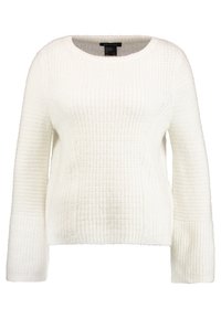 Valkoinen neulottu neulepaita, jossa on teksturoitu kuvio, pyöreä pääntie ja pitkät, hieman liehuvat hihat. Pehmeä kangas, jossa on kodikas ilme.