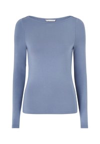 Top de manga larga en tejido azul claro, con cuello redondo y un diseño ajustado, con textura suave y sin patrones ni acentos visibles.
