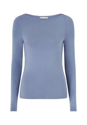 Maglietta a maniche lunghe in tessuto blu chiaro, con scollatura rotonda e design aderente, caratterizzata da una texture liscia e senza motivi o dettagli visibili.