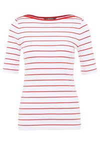 Valkoinen lyhythihainen paita, jossa on punaisia vaakaraitoja. Paita on venepääntie ja istuva malli. Materiaali näyttää kevyeltä ja sileältä.
