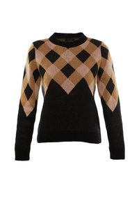 Pull en maille à manches longues avec base noire et motif losange argyle marron et beige sur la poitrine et les manches.