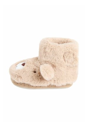 Flauschiger beiger Bootslipper mit einem Tiergesicht-Design, weichem, strukturiertem Fell, runder Form, Pom-Pom-Ohrenakzenten und einer strukturierten Sohle.